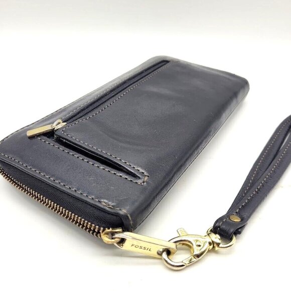 Fossil Sydney Blk Leather Zip Around Wallet Wristlet Clutch Green Interior Chic - Picture 7 of 7